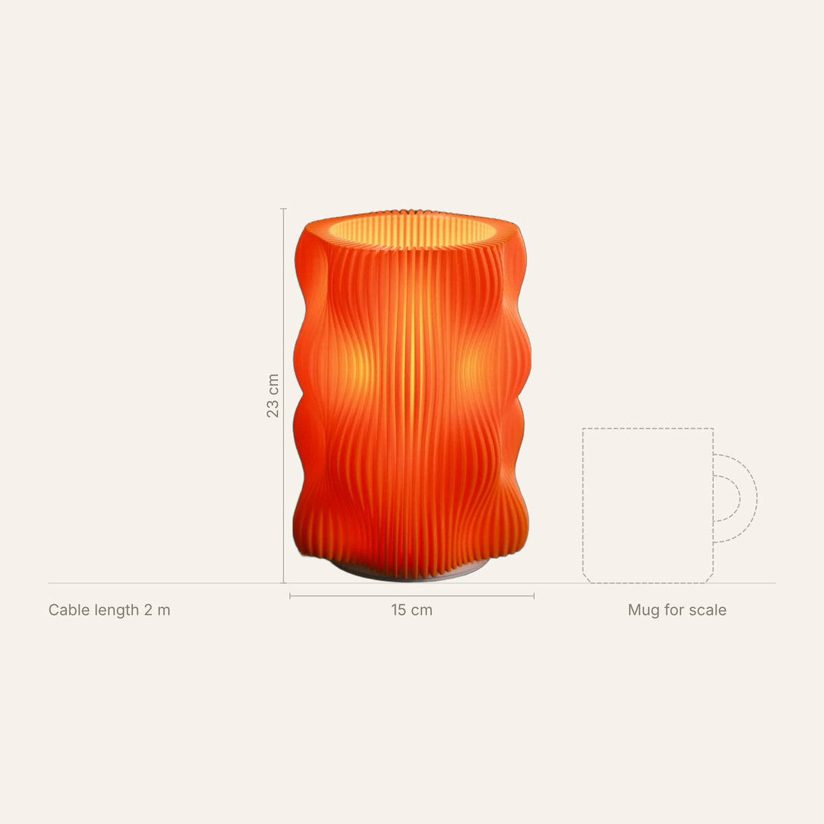 Bubble Lamp dimensions: 23 cm tall, 15 cm wide, 2 m cable, shown next to a mug for scale