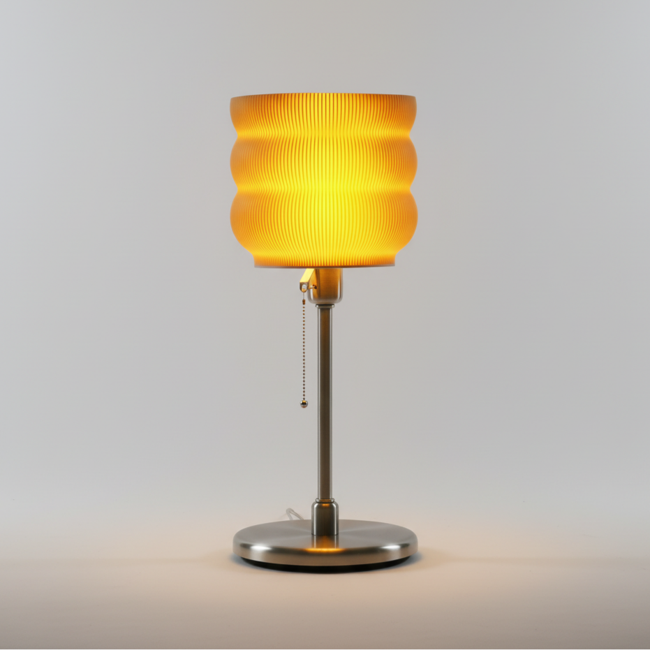 Big Yellow Lamp, a 60cm tall 3D printed corn starch PLA table lamp with layered texture, made in Melbourne