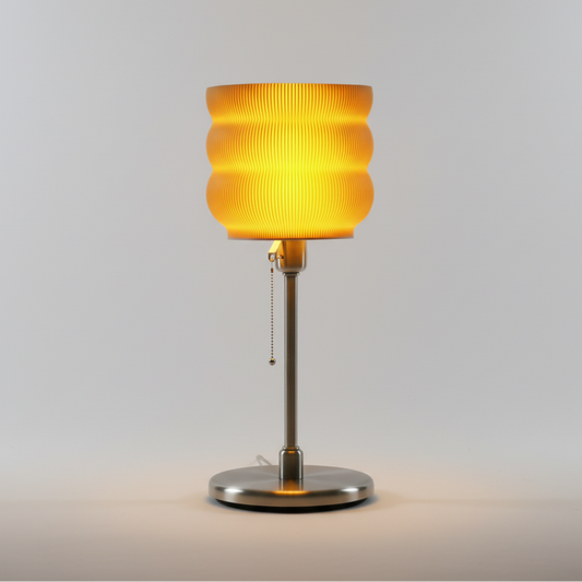Big Yellow Lamp, a 60cm tall 3D printed corn starch PLA table lamp with layered texture, made in Melbourne