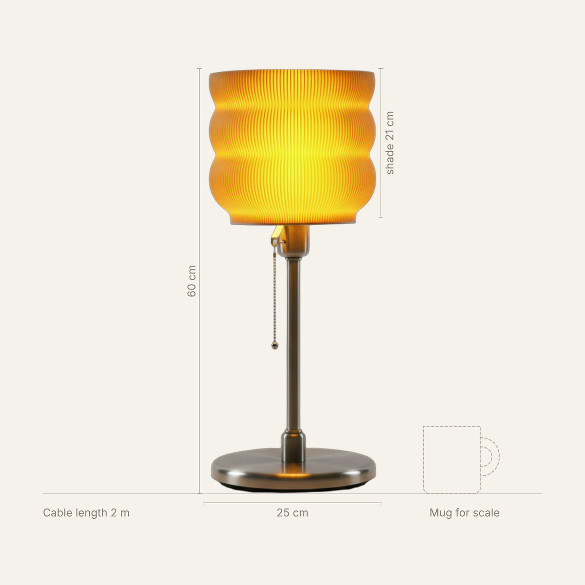 Big Yellow Lamp dimensions: 60 cm tall, 25 cm wide, 21 cm tall shade, 2 m cable, shown next to a mug for scale