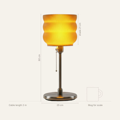 Big Yellow Lamp dimensions: 60 cm tall, 25 cm wide, 21 cm tall shade, 2 m cable, shown next to a mug for scale