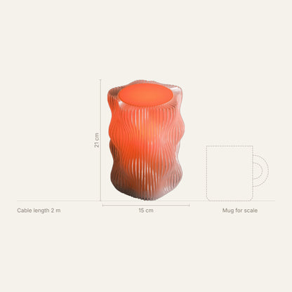 Cloud Lamp dimensions: 21 cm tall, 15 cm wide, 2 m cable, shown next to a mug for scale