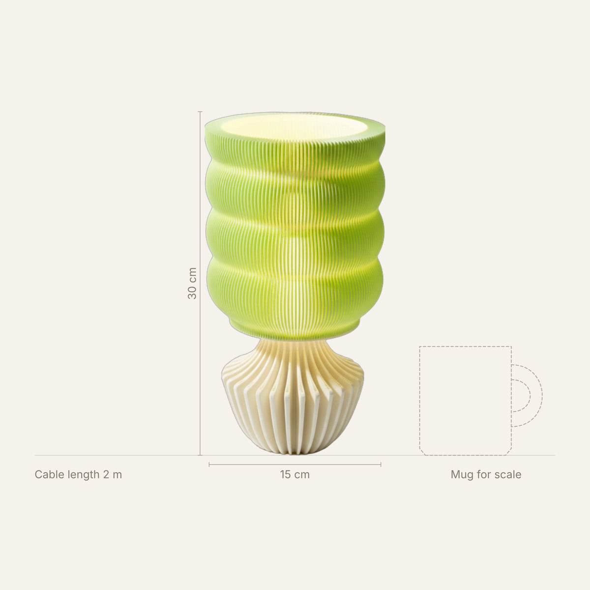 Matcha Lamp dimensions: 30 cm tall, 15 cm wide, 2 m cable, shown next to a mug for scale