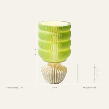 Matcha Lamp dimensions: 30 cm tall, 15 cm wide, 2 m cable, shown next to a mug for scale