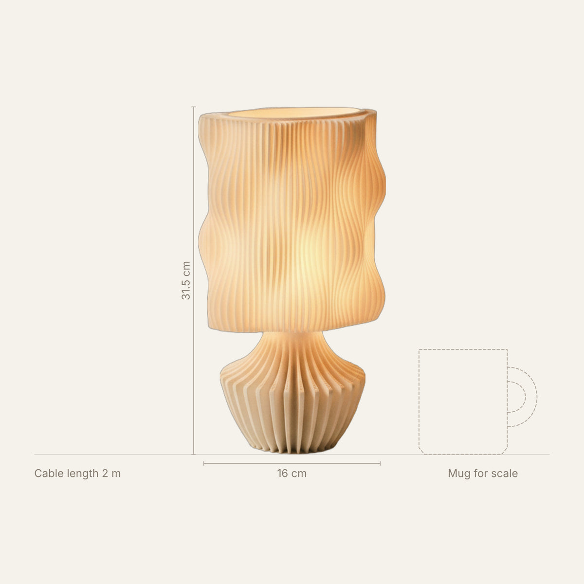 Mocha Lamp dimensions: 31.5 cm tall, 16 cm wide, 2 m cable, shown next to a mug for scale