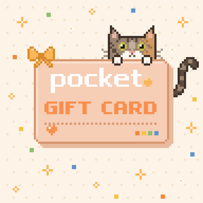 Pocket gift card: a pixel gift card with a bow and a tabby cat peeking over the top