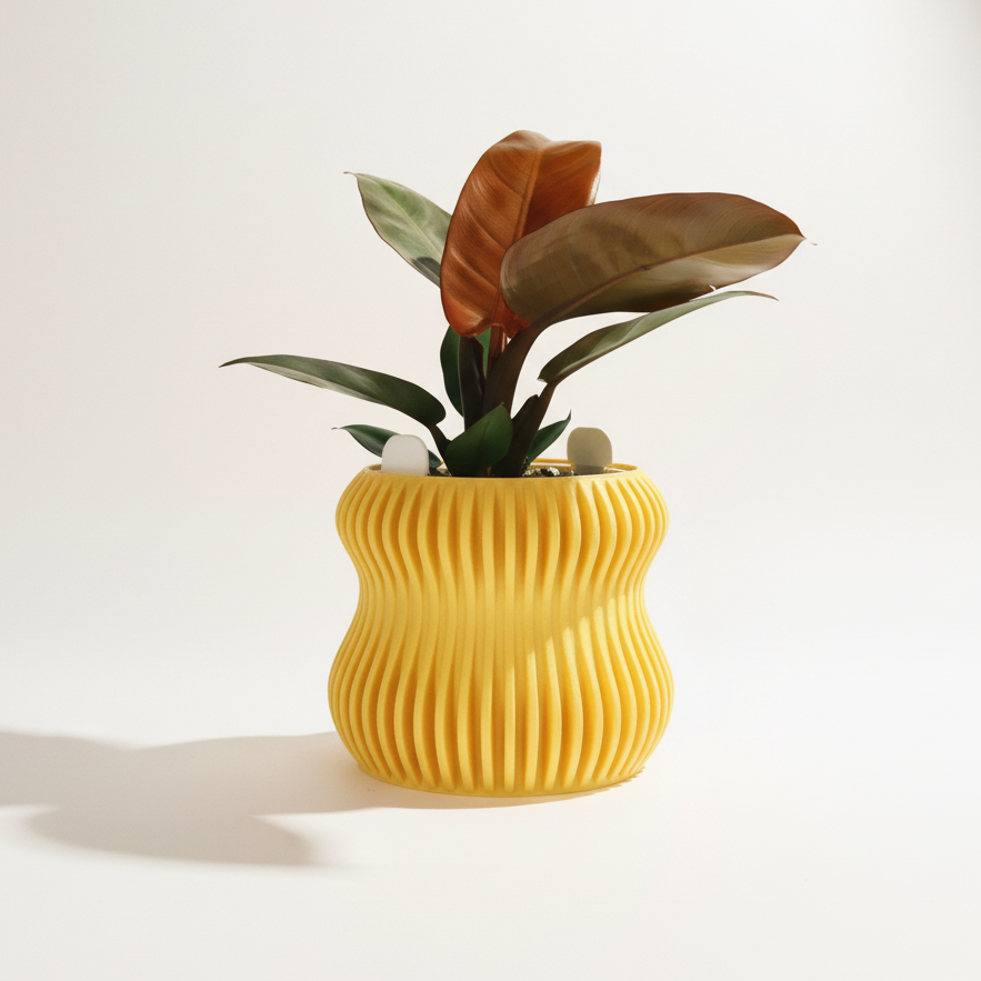 Yellow ribbed planter with a plant on a white background