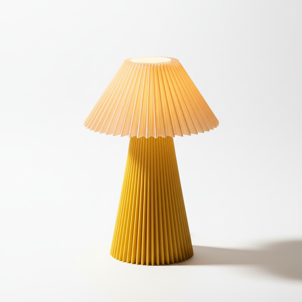 Yellow pleated table lamp on a white background